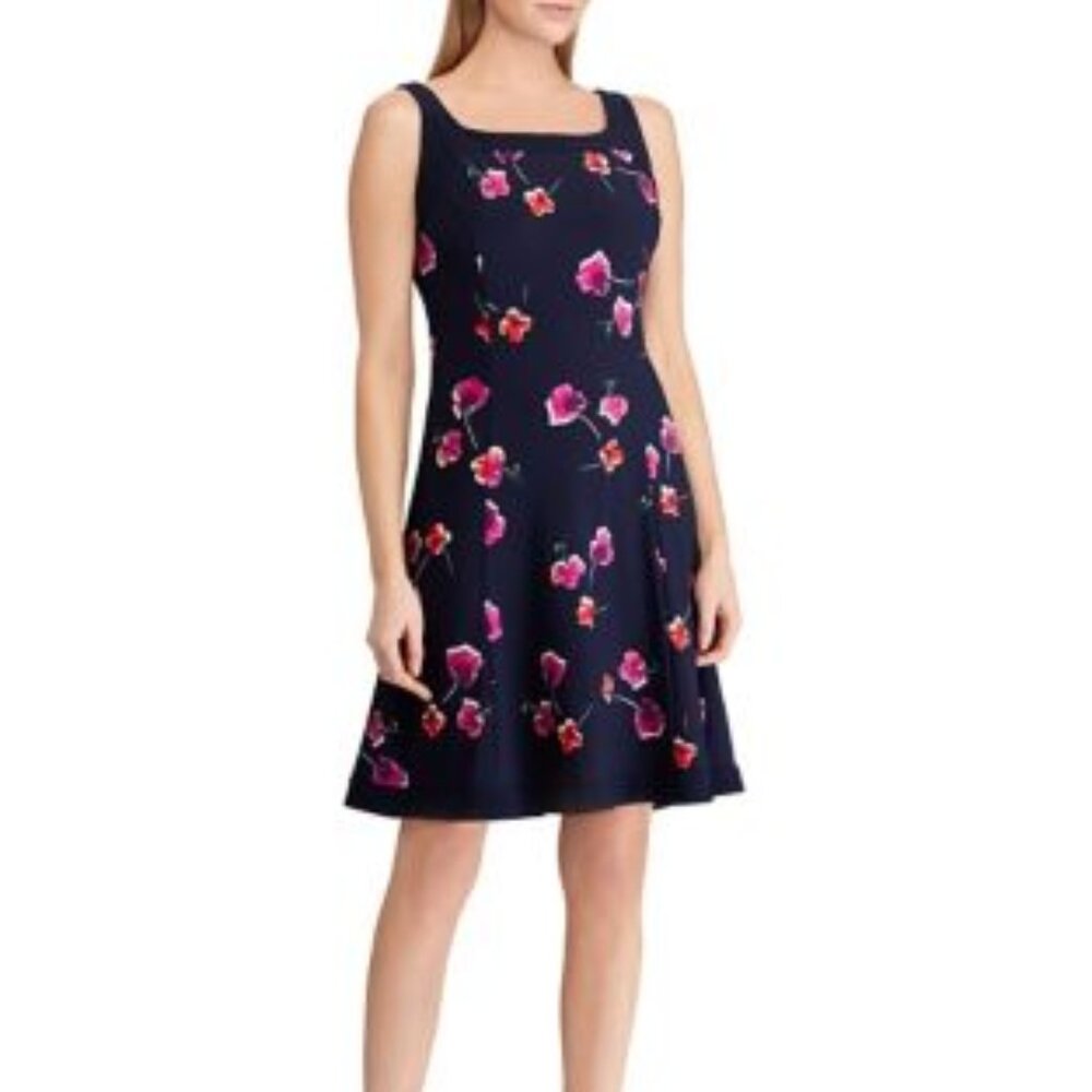 Chaps Navy Floral Print Dress – Comfortable Jersey, Like New